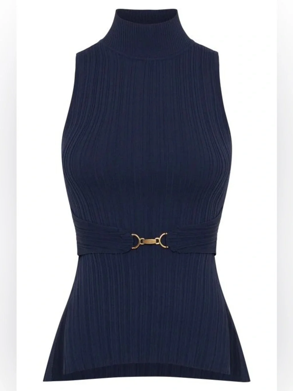 Meshki Navy Ribbed Halter Top with Gold Accent Ring - Picture 1 of 3